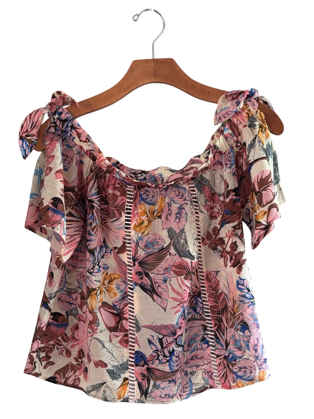 Flying Tomato Pink Floral Off-Shoulder Tie-Shoulder Blouse S Embroidered detail - Picture 2 of 6